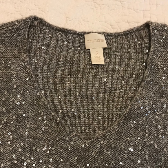 Chico’s long sleeved heather gray vneck sweater with tiny metallic sequins (L) - Picture 9 of 16